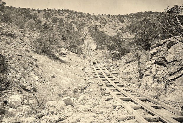 A wooden balanced incline used for gold mining. Taken at the Illinois Mine in the Pahranagat Mining District in Nevada in 1871.