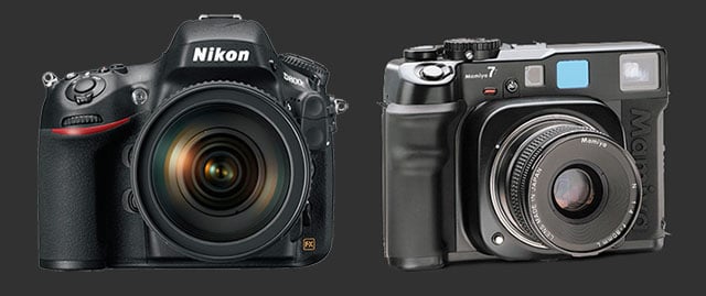 Nikon D800E DSLR (left) and Mamiya medium format rangefinder (right)