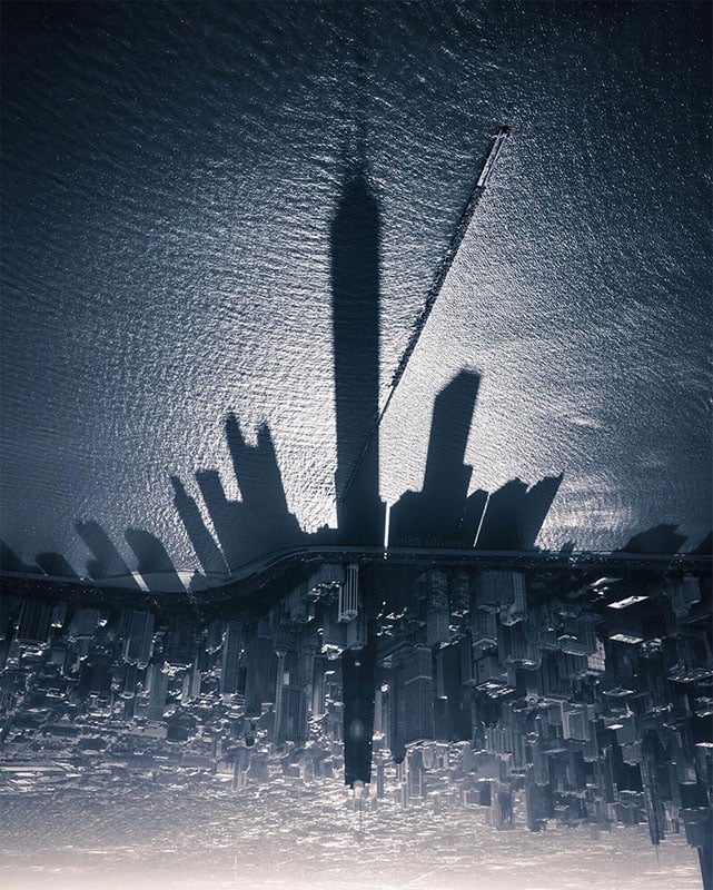  photo chicago skyline casting shadow lake michigan 
