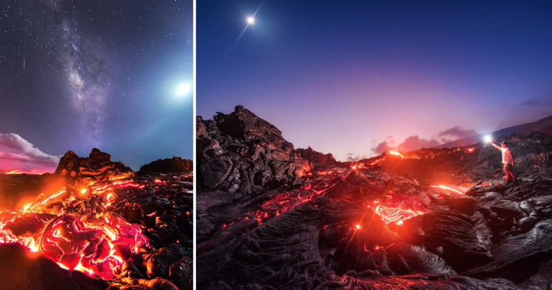 This Photo Captures Lava, Milky Way, Meteor, and Moon in a Single Shot