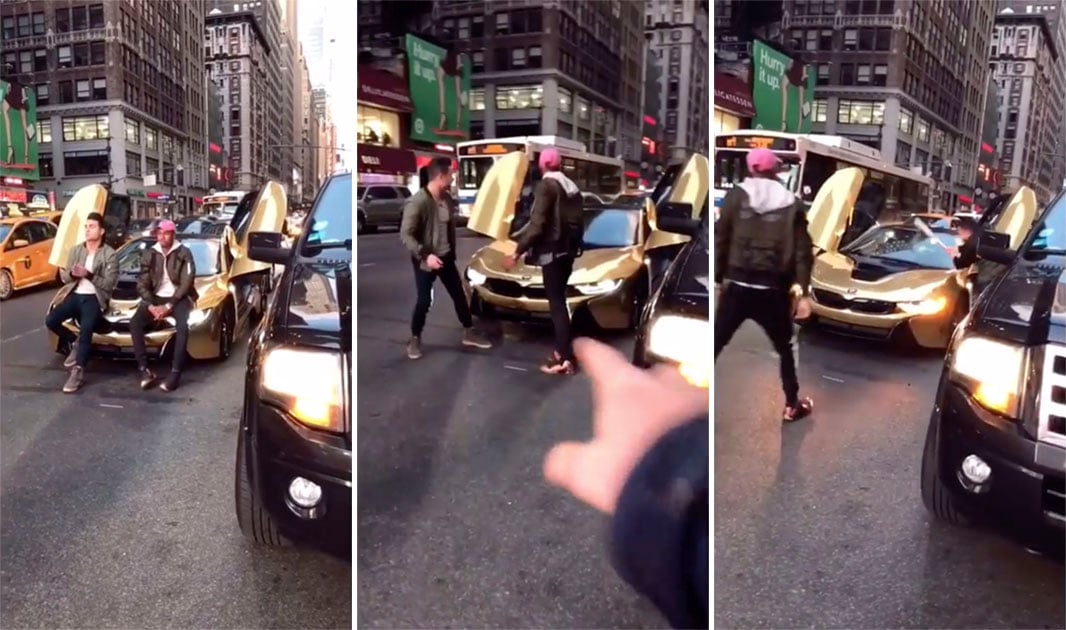 Guy Blocks Traffic for a Photoshoot in NYC, Gets His Windshield Smashed