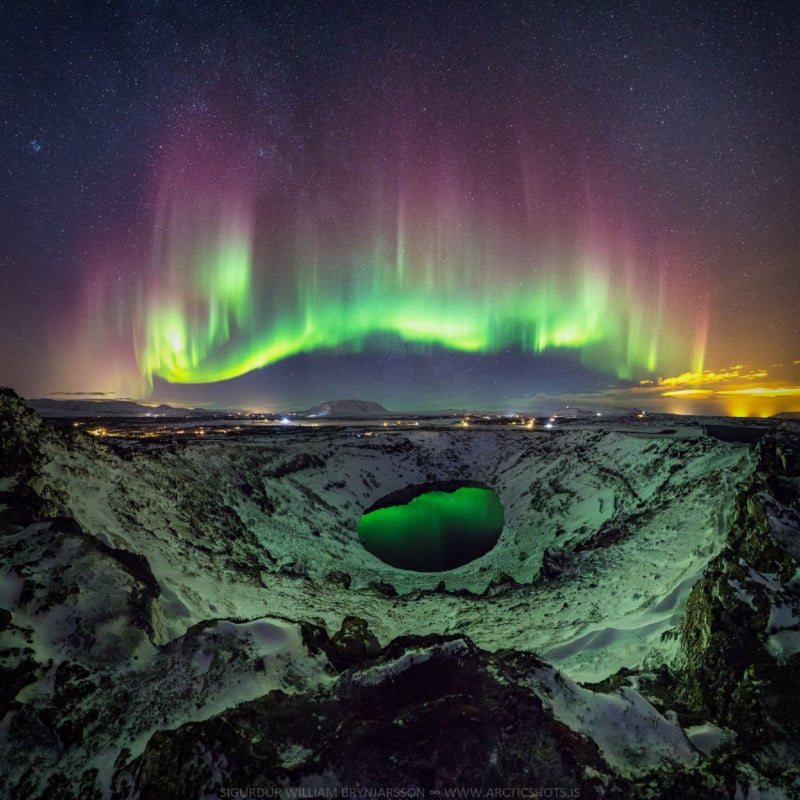 The Northern Lights Reflected in a Volcanic Crater Lake in Iceland