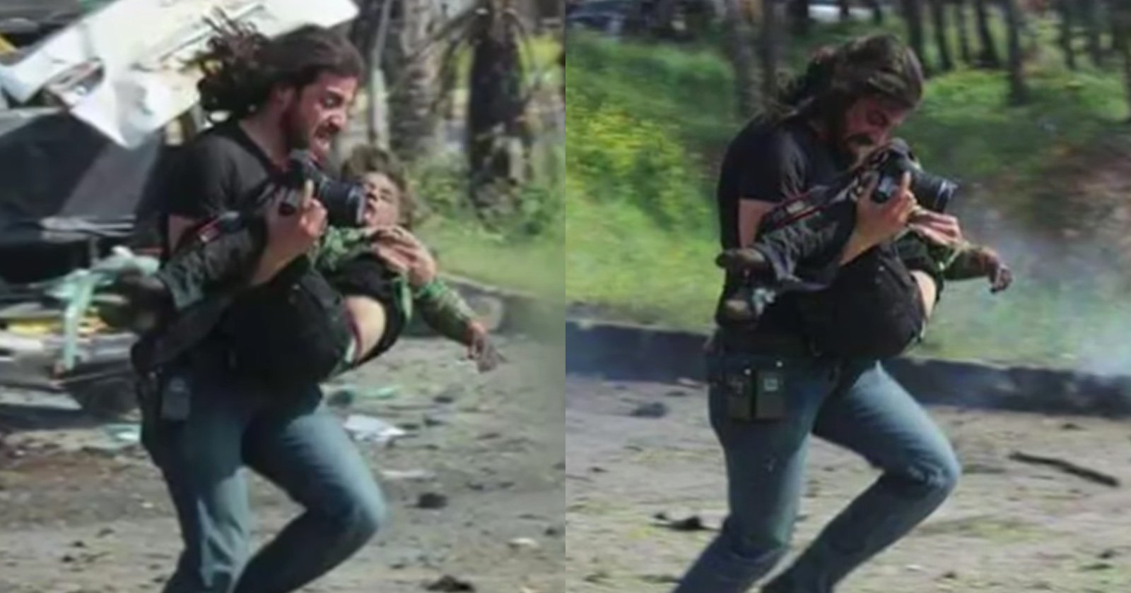 Syrian Photographer Stops Shooting to Rescue Injured Boy