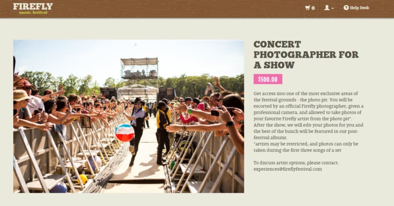 Music Festival: Pay Us $500 to Shoot Concert Photos for Us