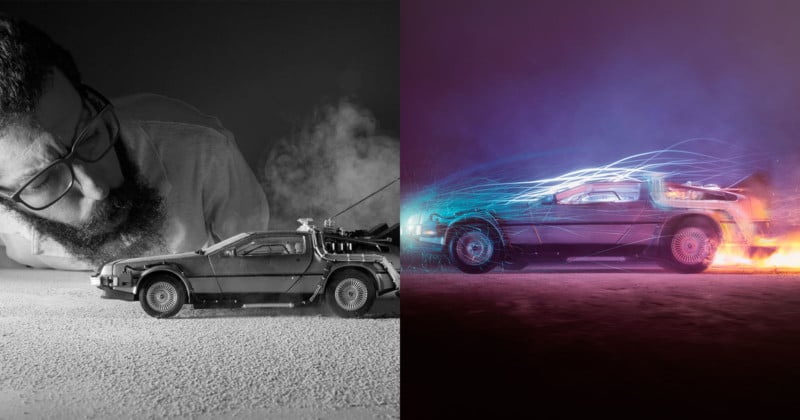 These DeLorean Photos Were Shot with a Toy Car, Fire, and Light Painting