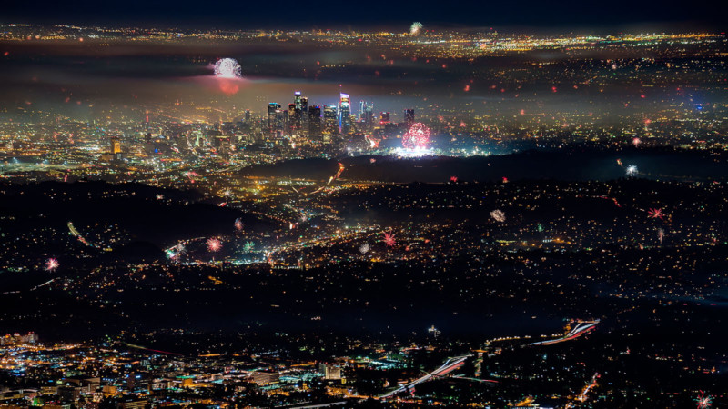 What July 4th Fireworks in Los Angeles Look Like from a Nearby Mountain