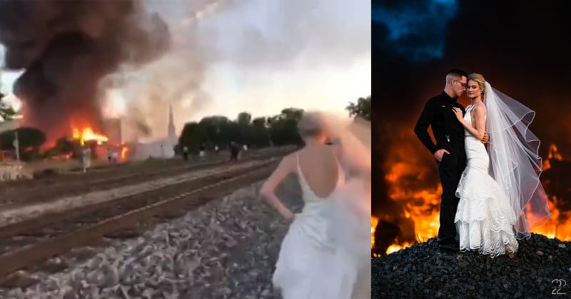  wedding photographer uses building fire backdrop 