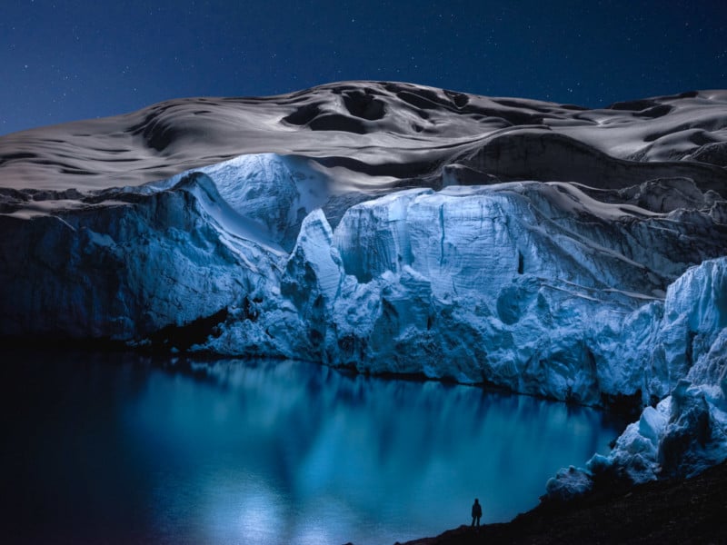 Photos of Glaciers Lit by a Drone Light