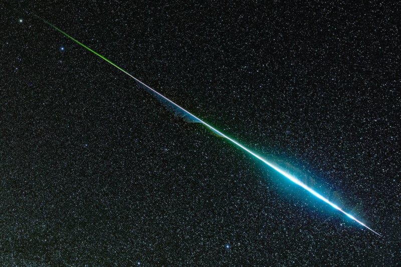  photo shows rainbow colors geminid meteor 