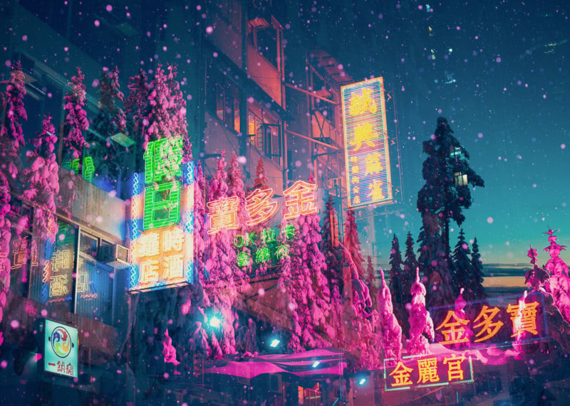 Multiple Exposures of Neon Lights and Nature Sights
