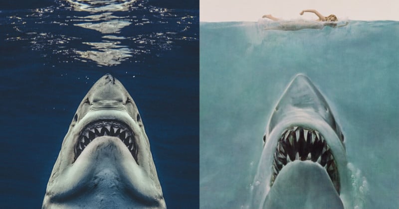  photographer shark photo recreates iconic jaws movie poster 