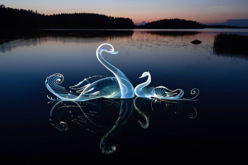  watch photographer skillfully light-paint swans into lake 