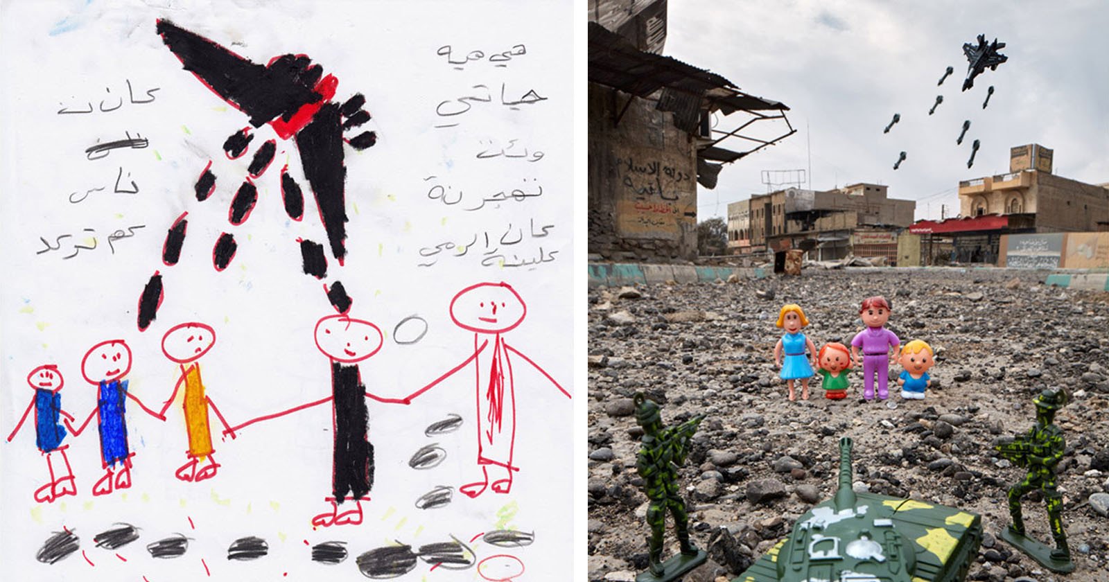  photographer recreates drawings kids war zones using toys 