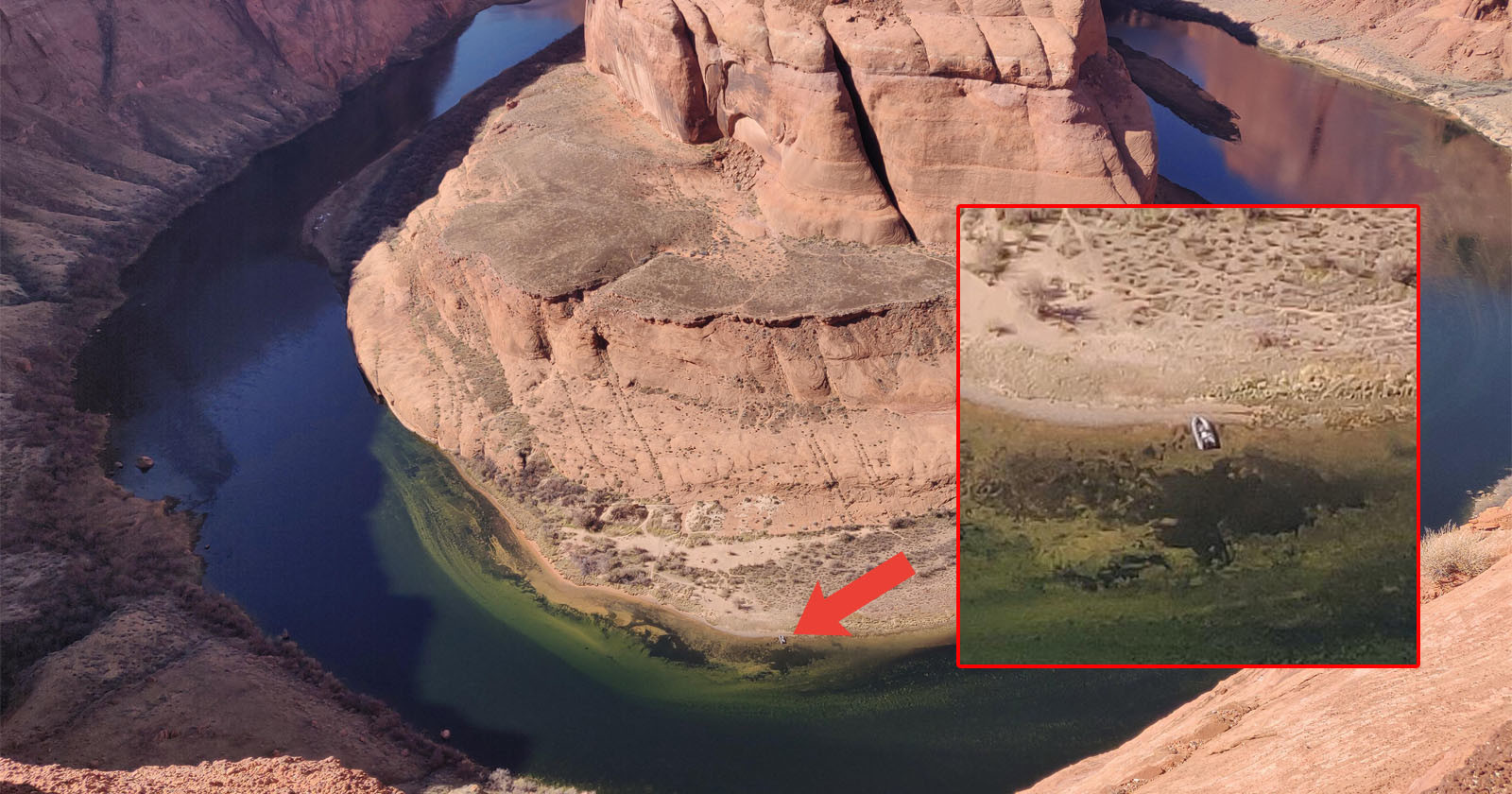 This is the Famous Horseshoe Bend with a Boat for Scale