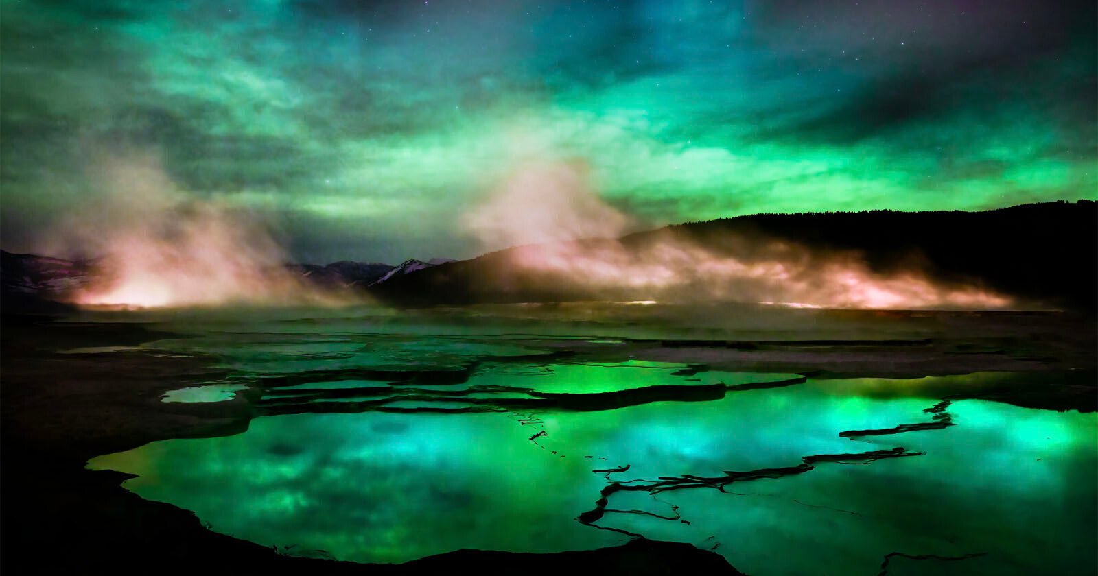 Photographing the Northern Lights Through Yellowstones Thermal Pools