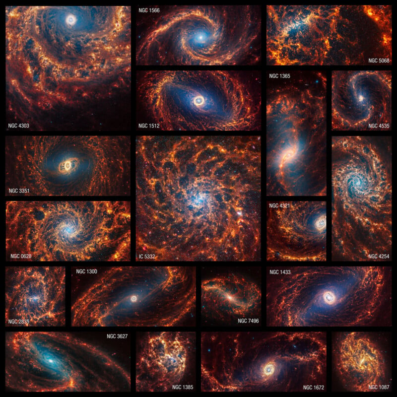 JWST PHANGS collaboration releases 19 images of nearby spiral galaxies. 