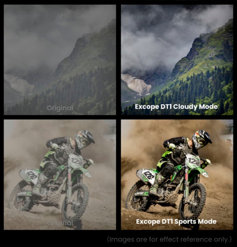 Four images showcasing the effect of different camera modes on photography. top: mountain landscapes with clouds in original and excope dt1 cloudy mode. bottom: motorcyclists in dirt, original and excope dt1 sports mode.