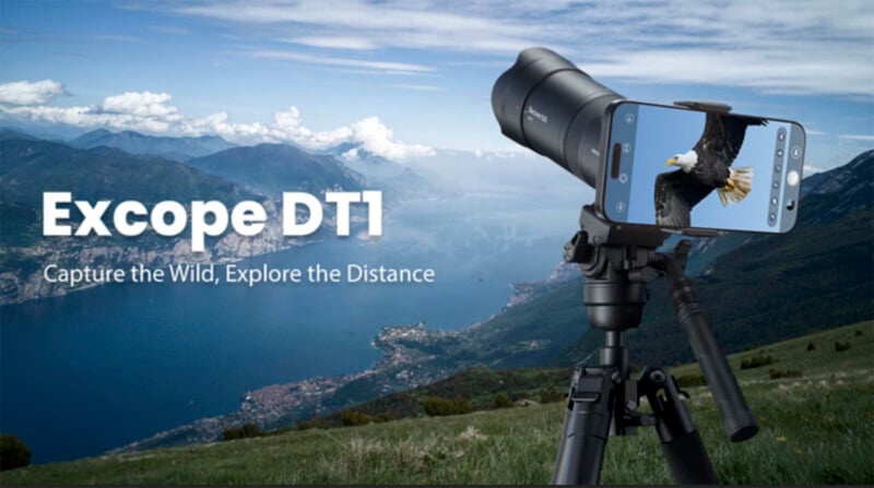 A camera on a tripod overlooking a mountain landscape captures a close-up of an eagle in flight, with the text "exciope dt1 - capture the wild, explore the distance" overlayed.