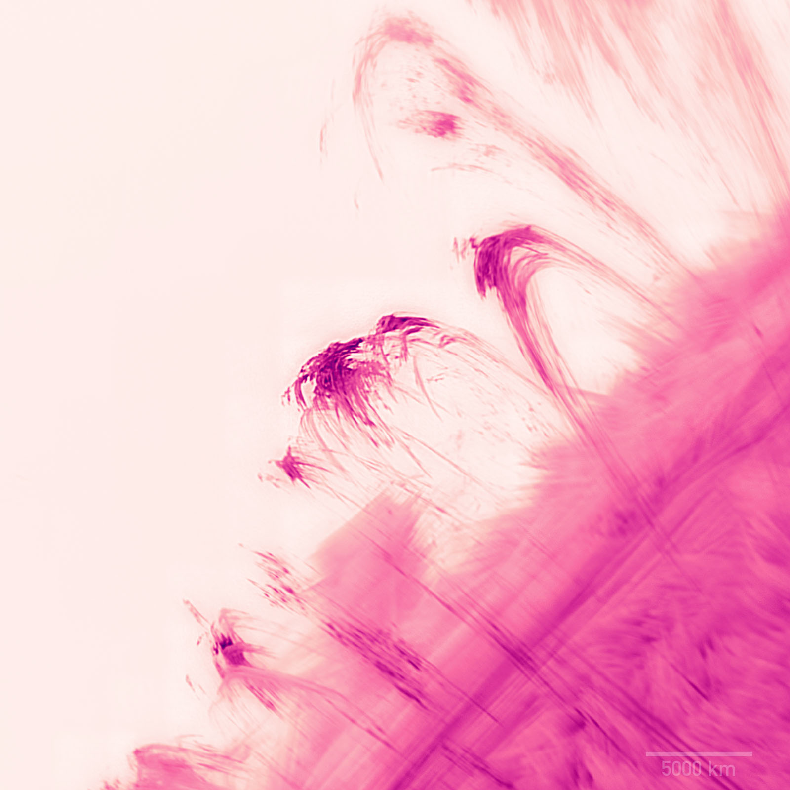 Pink and purple solar prominences arc from the surface of the Sun, seen in a false-color microscopic-style image with a scale marker of 500,000 km in the lower right corner.