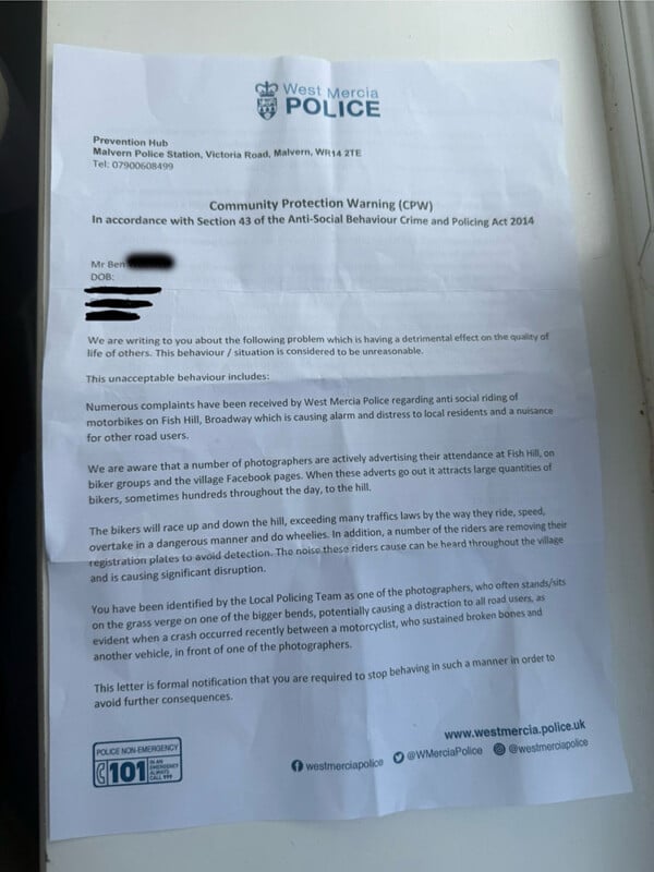 A letter from West Mercia Police titled "Community Protection Warning (CPW)" addressing anti-social behavior at Fish Hill, warning the recipient about actions affecting public safety. Contact details and social media links are provided.