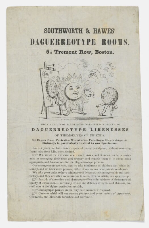 A vintage advertisement for Southworth & Hawes’ Daguerreotype Rooms in Boston, featuring a drawing of a sun posing for a portrait by an artist. The ad details services for daguerreotype likenesses.