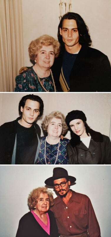 Three vintage-style photos show an older woman posing with a younger man (with long dark hair in two photos, wearing a hat and glasses in the last), and in one photo, a younger woman is also present. All are smiling.
