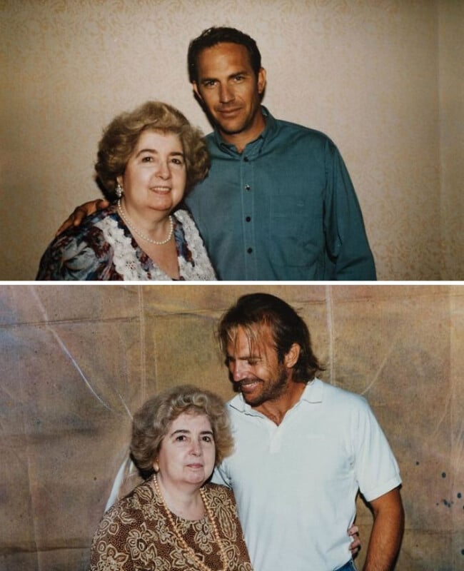 Two photos: In both, a woman with short gray hair stands next to a man. In the top image, the man wears a blue shirt and smiles mildly. In the bottom, the same woman stands with a man in a white shirt who is smiling at her.