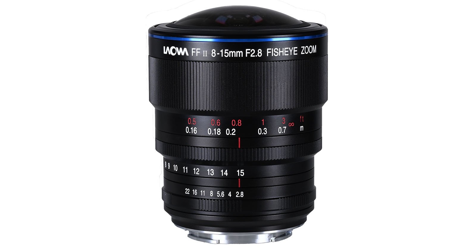 A Laowa FF II 8-15mm f/2.8 fisheye zoom camera lens with a wide, curved front element and focus and aperture markings on its black, cylindrical body.