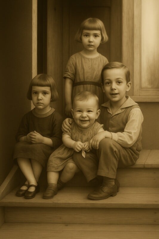 Four young children with short hair and vintage clothing sit on wooden steps indoors, posing for an old-fashioned, sepia-toned portrait. Three are seated while one stands behind, all looking toward the camera.