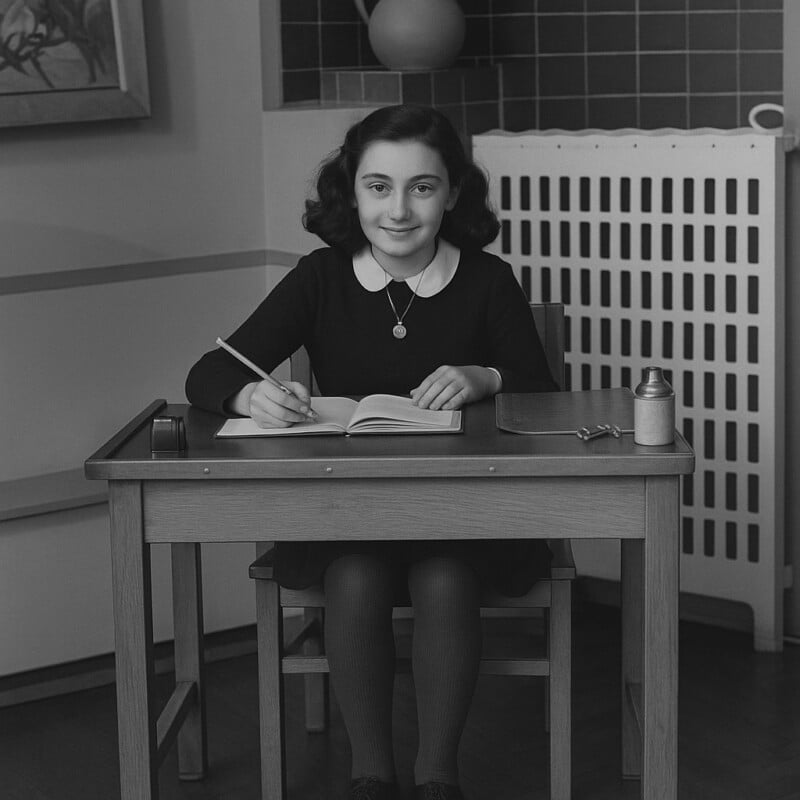 A young girl with dark hair, wearing a dark dress with a white collar, sits at a desk writing in a notebook. She is smiling, and the setting appears to be a classroom with tiled walls and a radiator behind her.