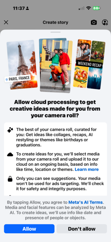 A phone screen shows a Meta popup asking to allow cloud processing for creative ideas from your camera roll, with sample story images and buttons to "Allow" or "Don't allow" at the bottom.