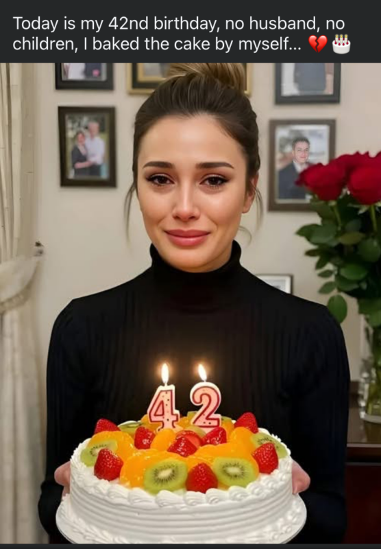 A woman with a slight smile holds a fruit-topped cake with candles showing the number 42. She stands indoors with framed photos and red roses in the background. The text above her reads about her 42nd birthday and baking the cake herself.