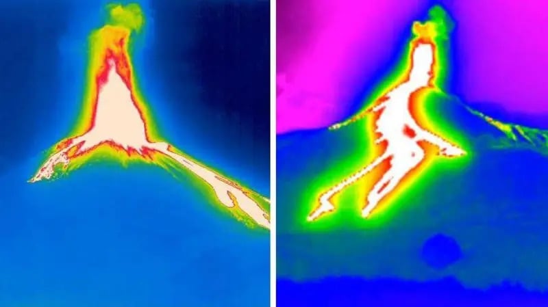 Side-by-side thermal images of a volcano erupting, with bright white and yellow indicating intense heat from the lava, surrounded by cooler tones of blue, green, and purple in the sky and landscape.
