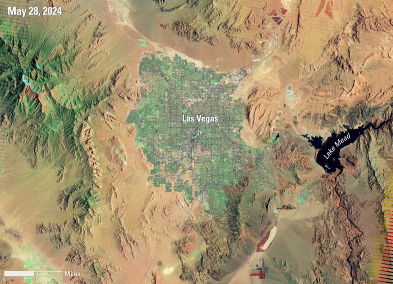 Satellite image showing the city of Las Vegas, Nevada, surrounded by desert terrain, with Lake Mead visible to the east. The date May 28, 2024, is displayed in the top-left corner.