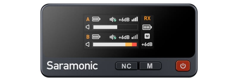 A Saramonic audio receiver with a digital display showing audio levels for channels A and B, along with NC, M, and power buttons below the screen.