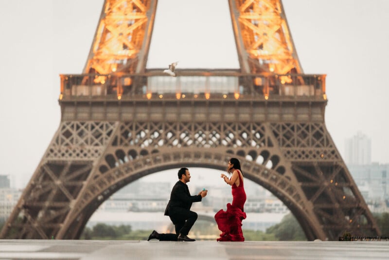 A man in a suit kneels and proposes to a woman in a red dress in front of the illuminated Eiffel Tower in Paris at dusk.