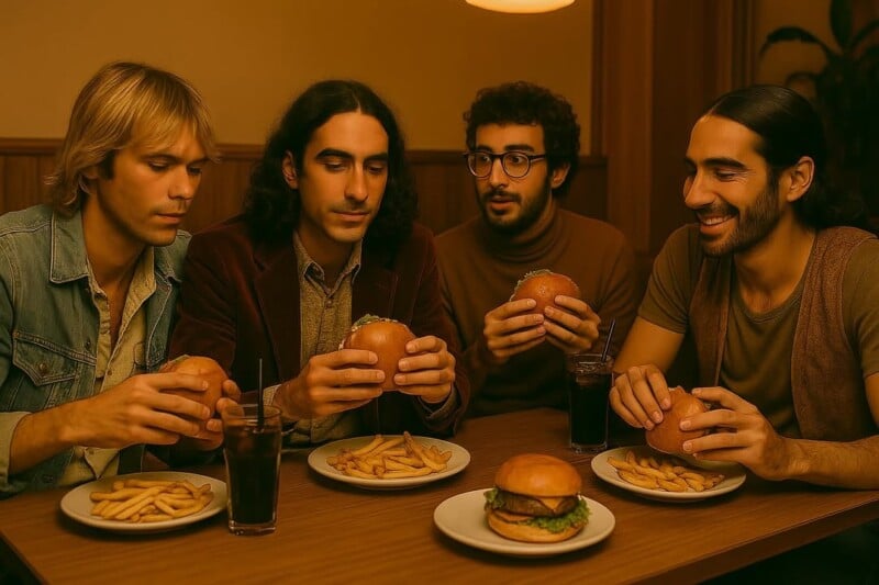 Four young men sit at a table in a cozy restaurant, each holding a burger with plates of fries and glasses of soda in front of them, appearing relaxed and engaged in conversation.