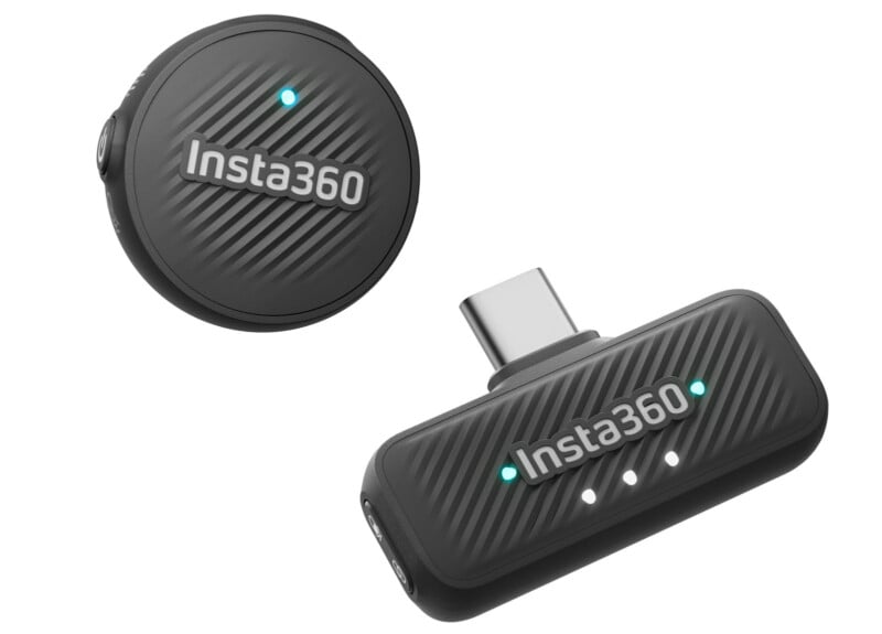 Two black Insta360 microphone devices: one round transmitter and one rectangular receiver with a USB-C connector, both featuring textured surfaces, LED indicator lights, and the Insta360 logo.