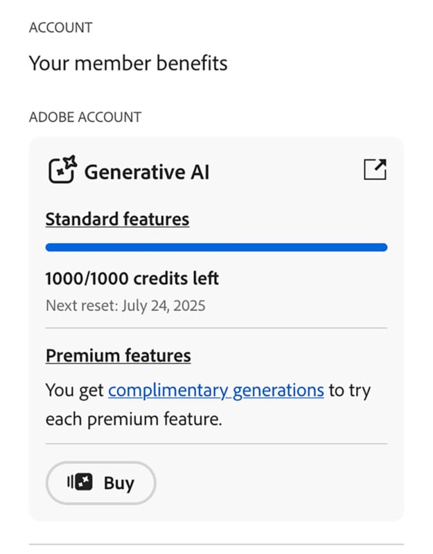 Screenshot of an Adobe Account page showing Generative AI member benefits, with 1000 out of 1000 credits left and a reset date of July 24, 2025. Options for premium features and a "Buy" button are visible.