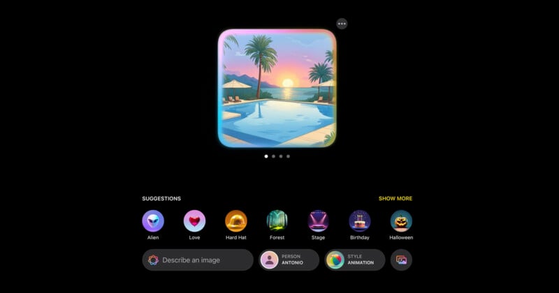 A digital interface displays a square image of a tropical pool at sunset with palm trees. Below the image are circular suggestion icons labeled Alien, Love, Hard Hat, Forest, Stage, Birthday, and Halloween.