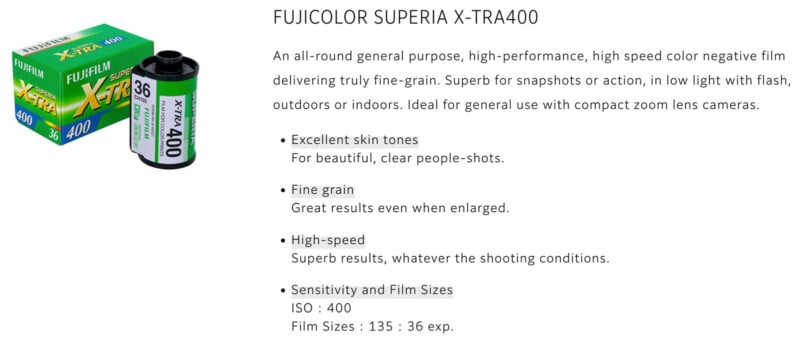A Fujicolor Superia X-TRA400 35mm film roll and its green box displayed next to product details, highlighting features like fine grain, high speed, excellent skin tones, and ISO 400 sensitivity.