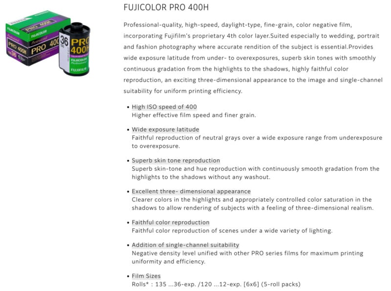 A promotional flyer for Fujicolor Pro 400H film displays a film canister and box on the left, with product features and benefits listed on the right in black text on a white background.