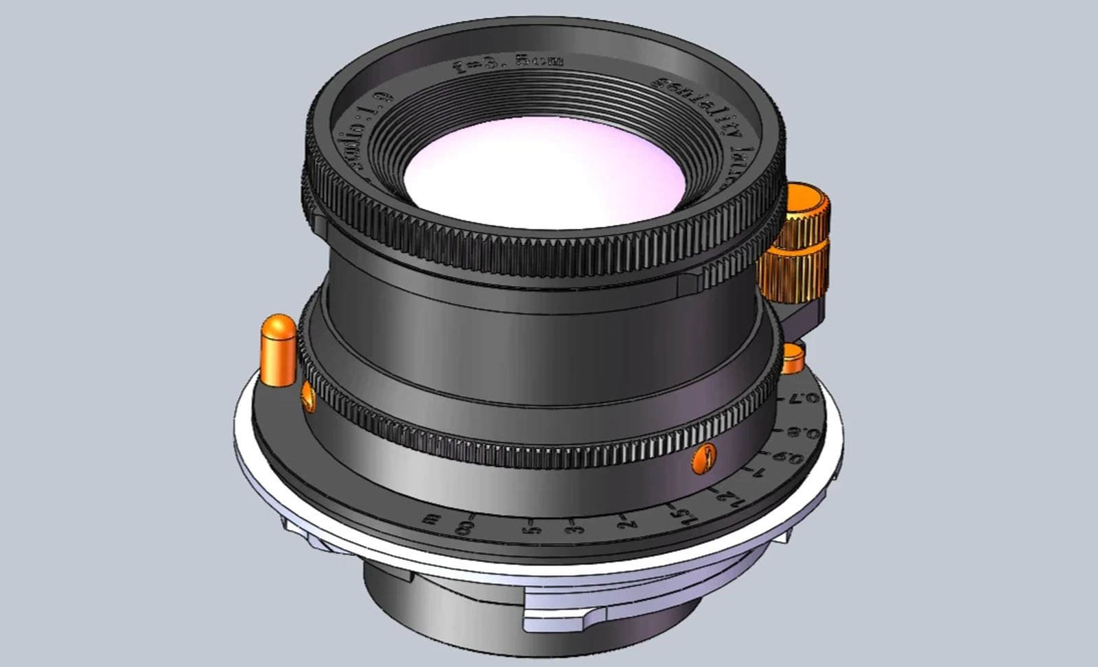 A detailed 3D rendering of a camera lens with black and metallic components, orange adjustment knobs, engraved numbers, and a reflective front glass element, viewed from an angled perspective on a gray background.