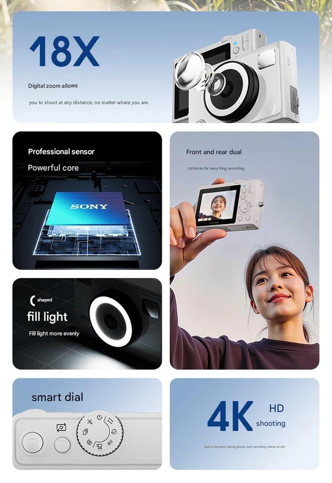 A collage advertises a white digital camera, highlighting its 18X zoom, professional sensor, C-shaped fill light, smart dial, front and rear display, and 4K HD shooting. A woman holds the camera, smiling at the screen.
