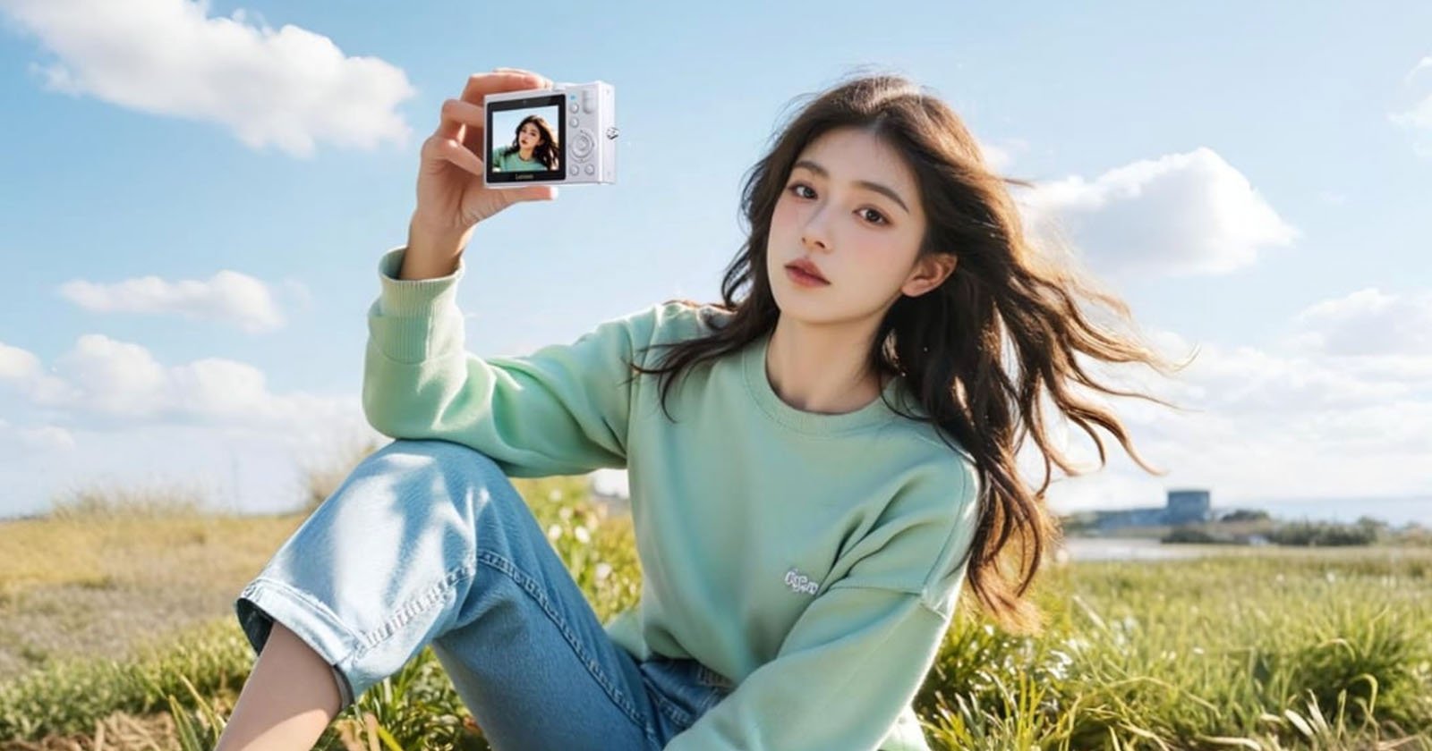 A young woman sits outdoors on grass, holding up a digital camera displaying her portrait. She has long hair, wears a light green sweater and jeans, and the sky is blue with scattered clouds in the background.