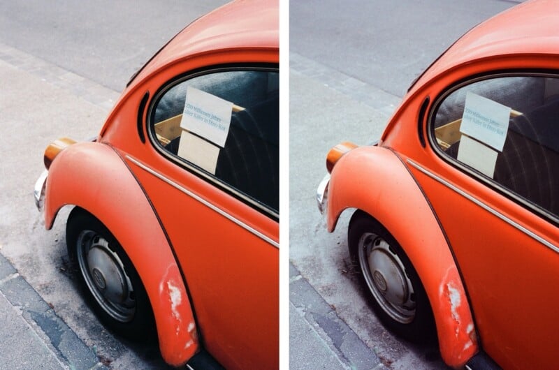 A close-up of the rear side of an orange vintage car parked on the street, with a paper note taped to the inside of the back window. The car’s paint is chipped near the wheel. The image is shown twice side by side.