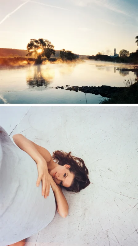 The image is split in two: the top half shows a misty sunrise over a calm river; the bottom half shows a woman lying on a white floor, looking up while hugging a large white pillar.
