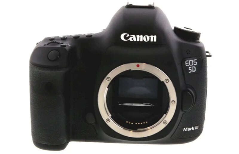 A black Canon EOS 5D Mark III DSLR camera body shown from the front, without a lens attached, displaying the lens mount and brand logo.