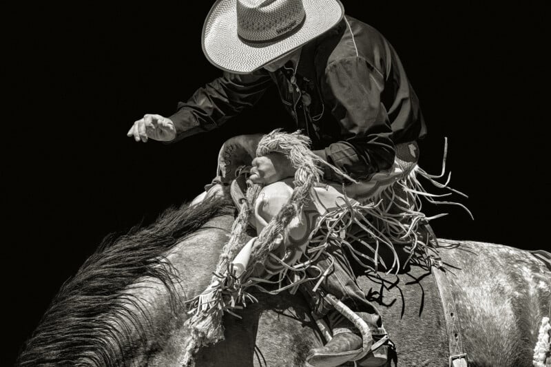 A cowboy in a wide-brimmed hat and fringed chaps rides a bucking horse, gripping the reins tightly, against a dark background. The image is in black and white.