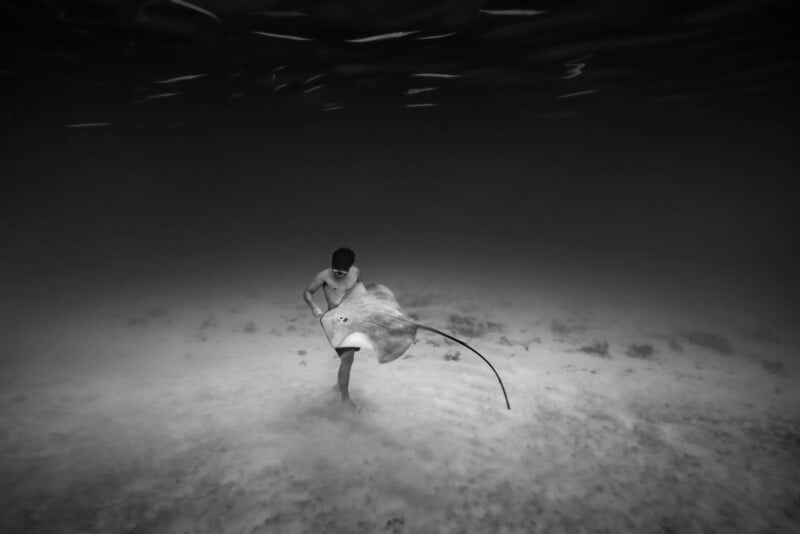 A black-and-white underwater photo of a child standing on the sandy ocean floor, gently holding a stingray as light filters through the water above them.